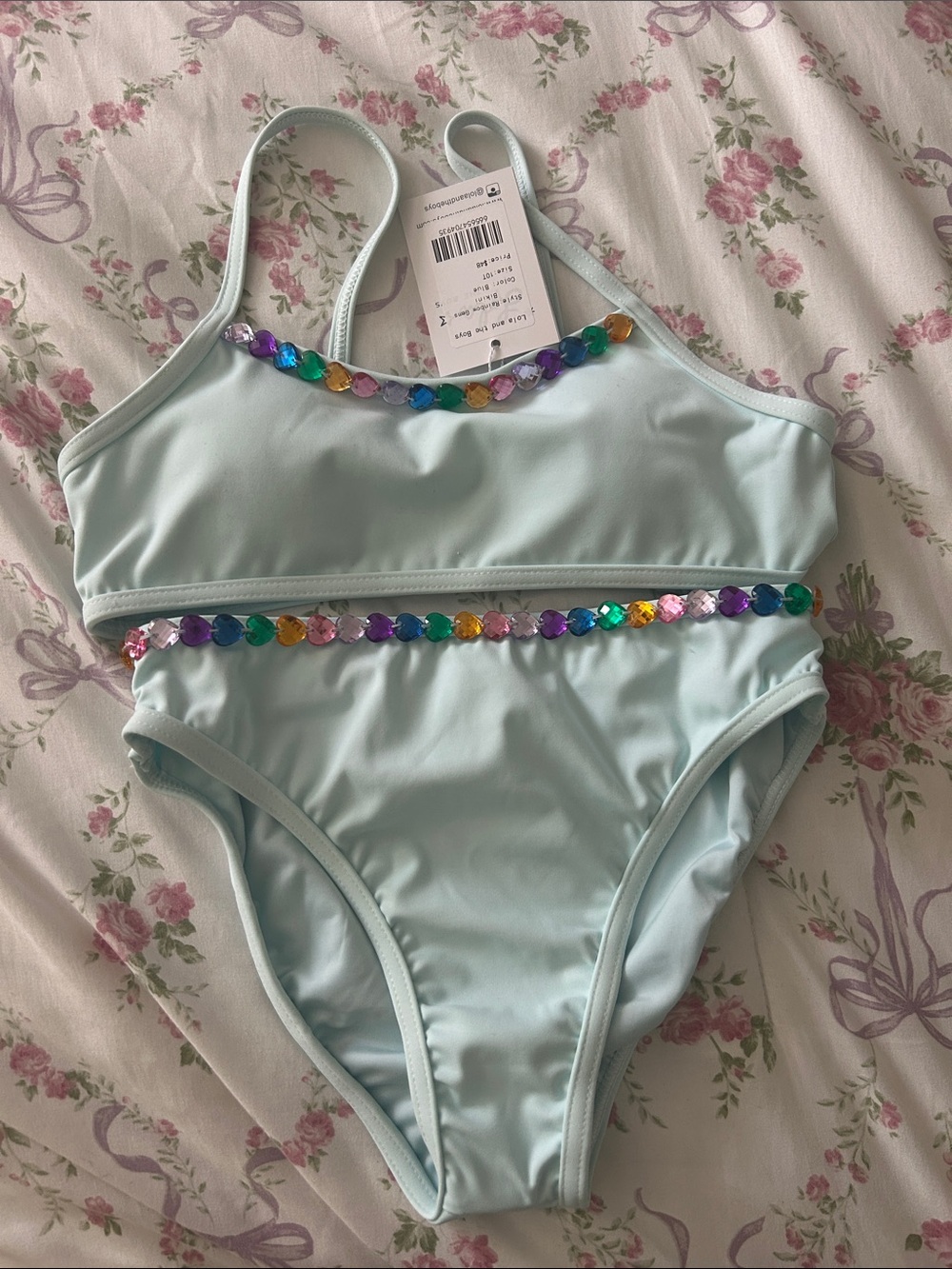 Lola + The Boys Pale Aqua Girls Two-Piece Bikini with Rainbow Gem Trim